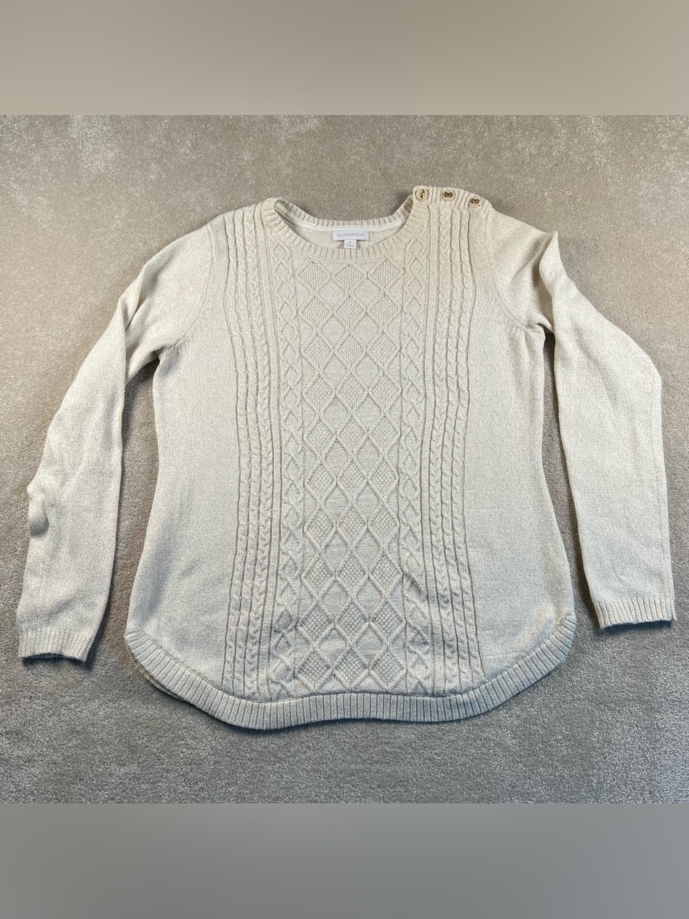 Charter Club Sweater Crew Button Shoulder Sparkle Cotton Blend Knit Front Medium